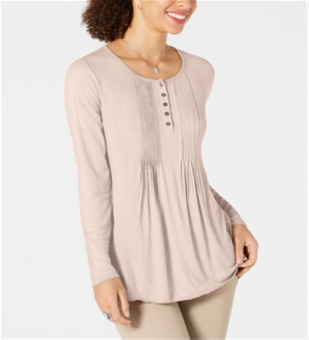 Style & Co Women's Long Sleeve Pintuck Top Pink Size Large