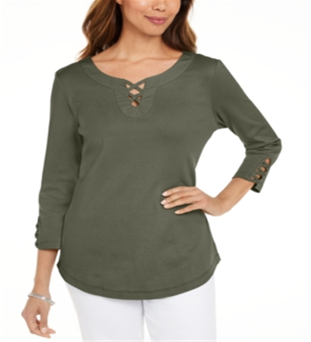 Karen Scott Women's Cotton Lace up T-Shirt Green Size Small