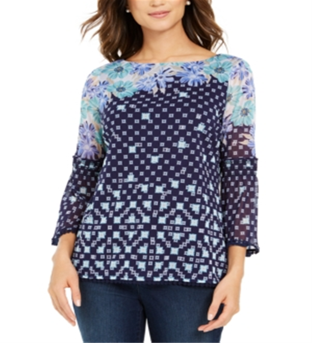 Charter Club Women's Printed Knit Mesh Top Blue Size Large