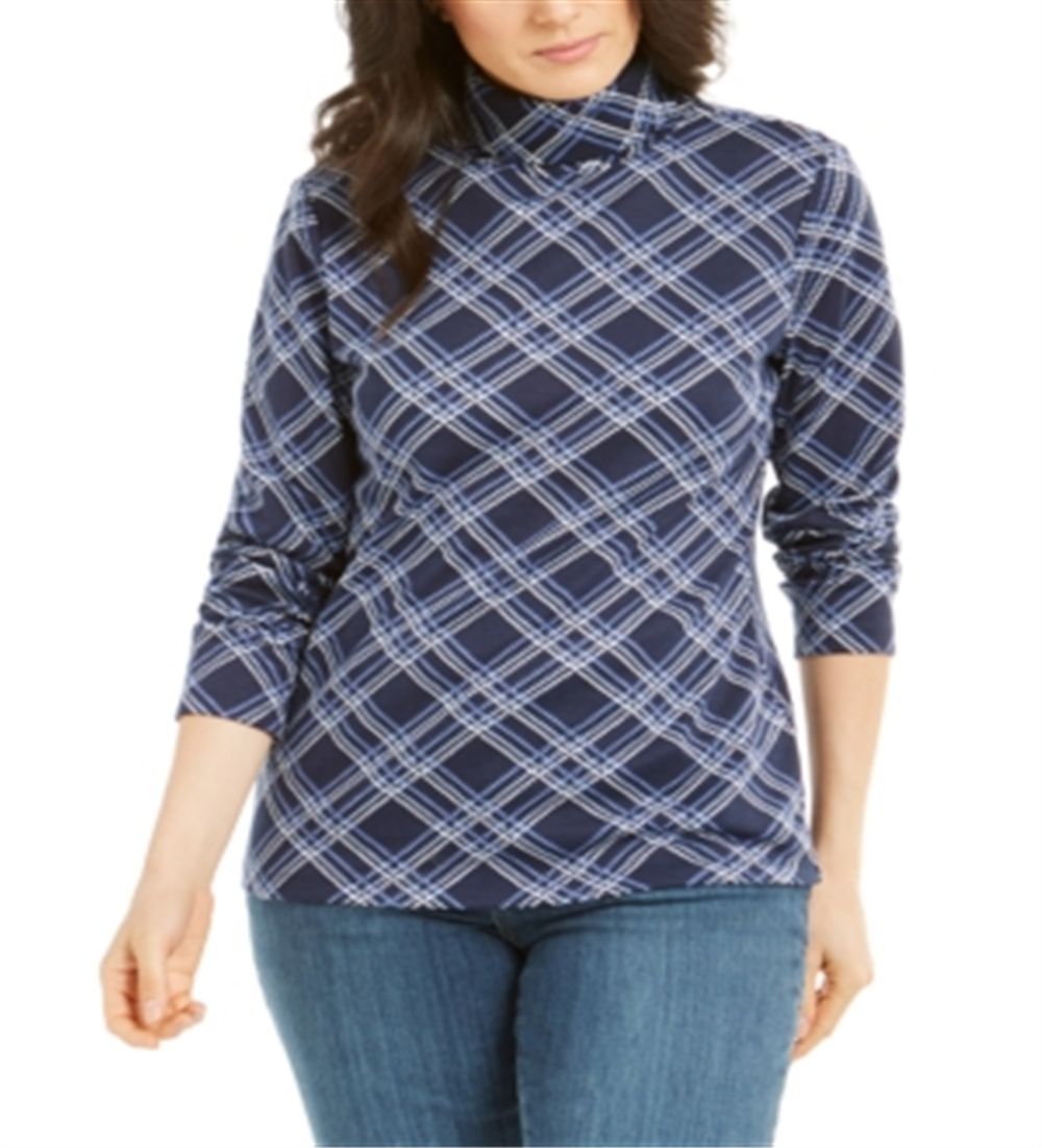 Karen Scott Women's Turtleneck Top Printed Plaid Blue Size Medium