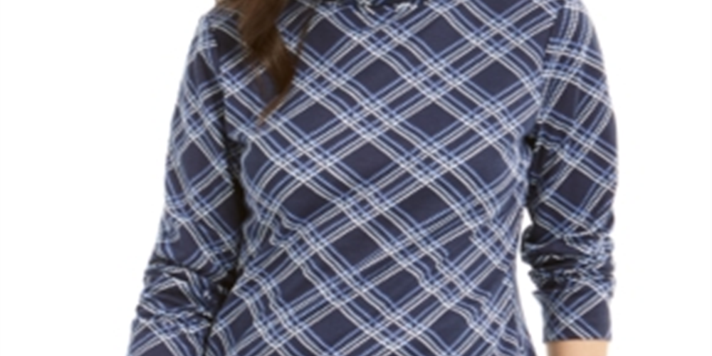 Karen Scott Women's Turtleneck Top Printed Plaid Blue Size Medium