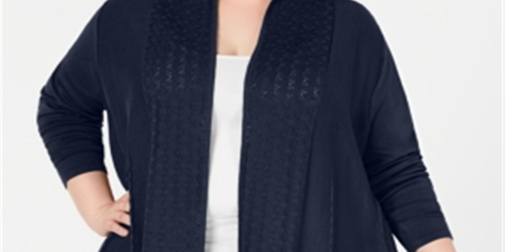 Karen Scott Women's Pointelle Trim Cardigan Sweater Blue Size 1X