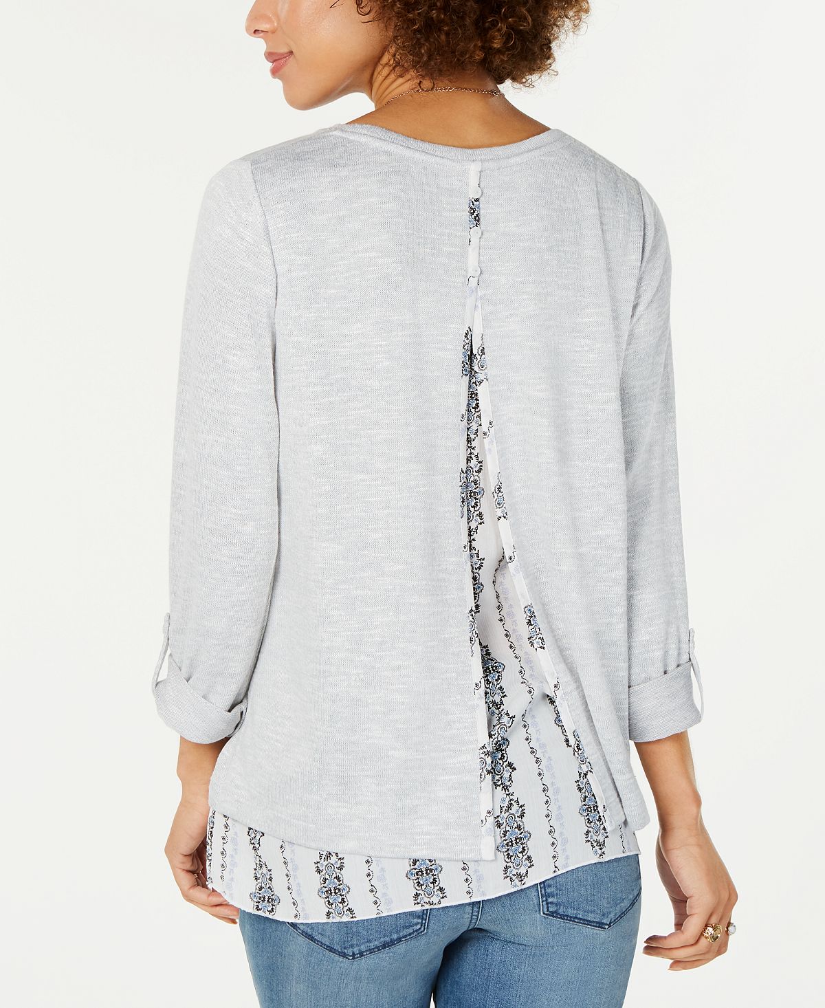 Style & Co Women's Layered-Look Roll-Tab Top Gray Size M