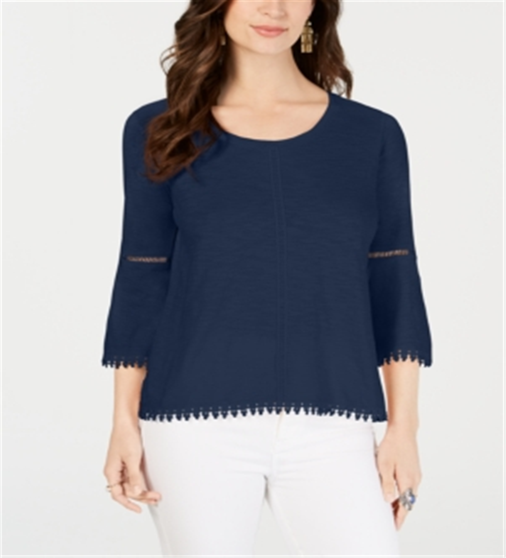 Style & Co Women's Crochet Trim Bell Sleeve Top Blue Size Medium