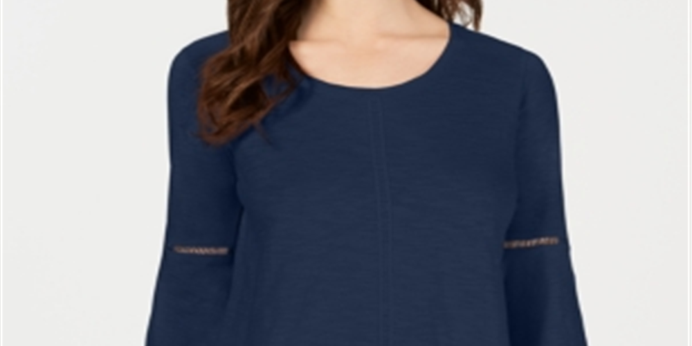 Style & Co Women's Crochet Trim Bell Sleeve Top Blue Size Medium
