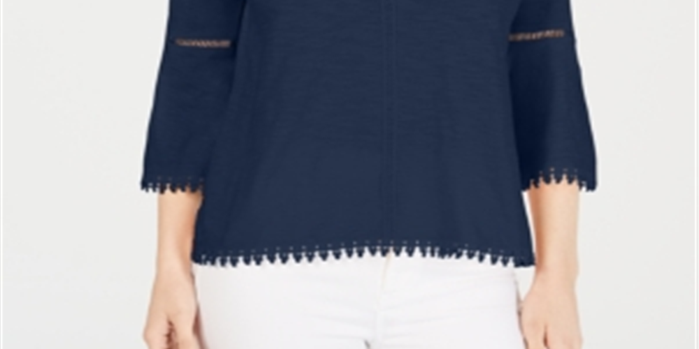 Style & Co Women's Crochet Trim Bell Sleeve Top Blue Size Medium