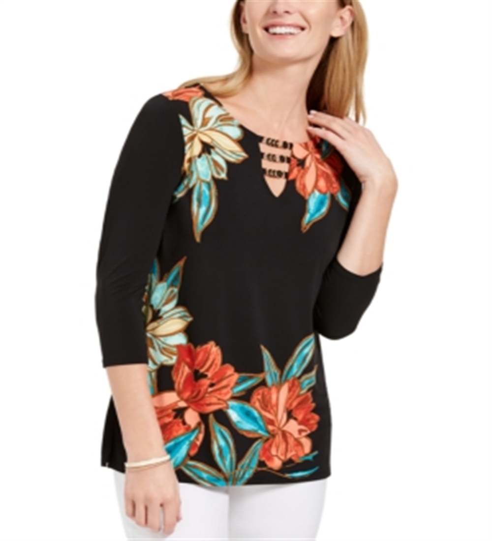 JM Collection Women's Floral Print Hardware Keyhole Tunic Red Size Large