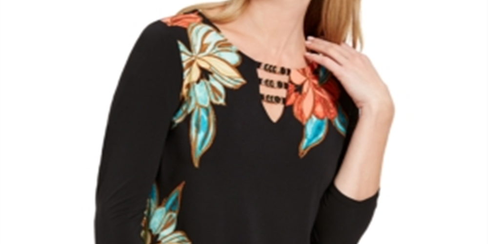 JM Collection Women's Floral Print Hardware Keyhole Tunic Red Size Large