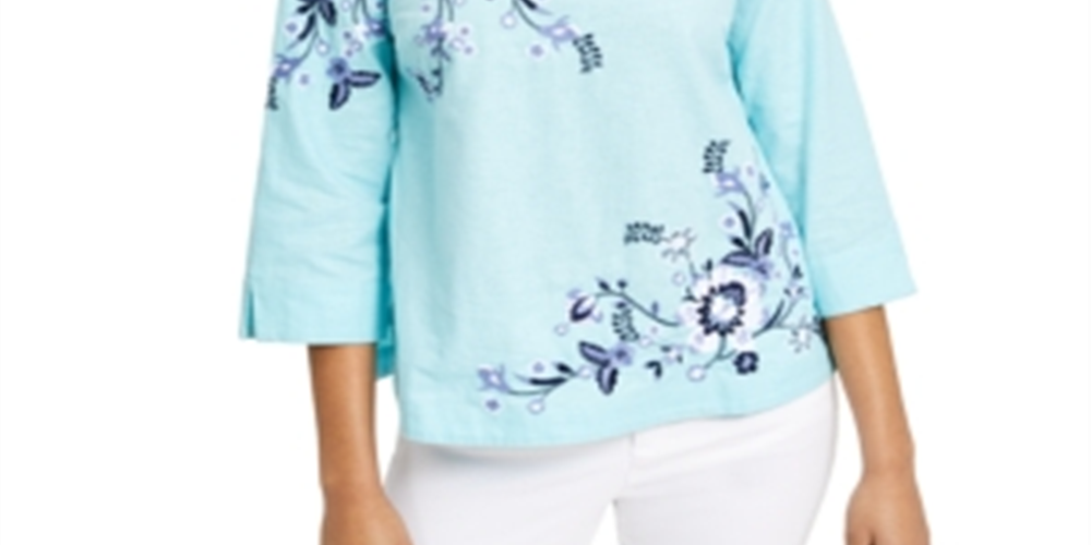 Charter Club Women's Floral Embroidered Linen Blend Top Blue Size Petite Medium