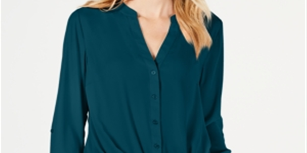 INC इंटरनेशनल कॉन्सेप्ट्स महिलाओं के लिए लंबी आस्तीन वाली वी नेक बटन-अप टॉप हरा, साइज़ पेटिट एक्स्ट्रा-लार्ज