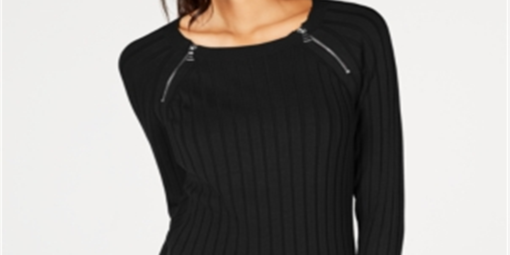 INC International Concepts Women's Zip Detail Ribbed Sweater Black Size Petite XL