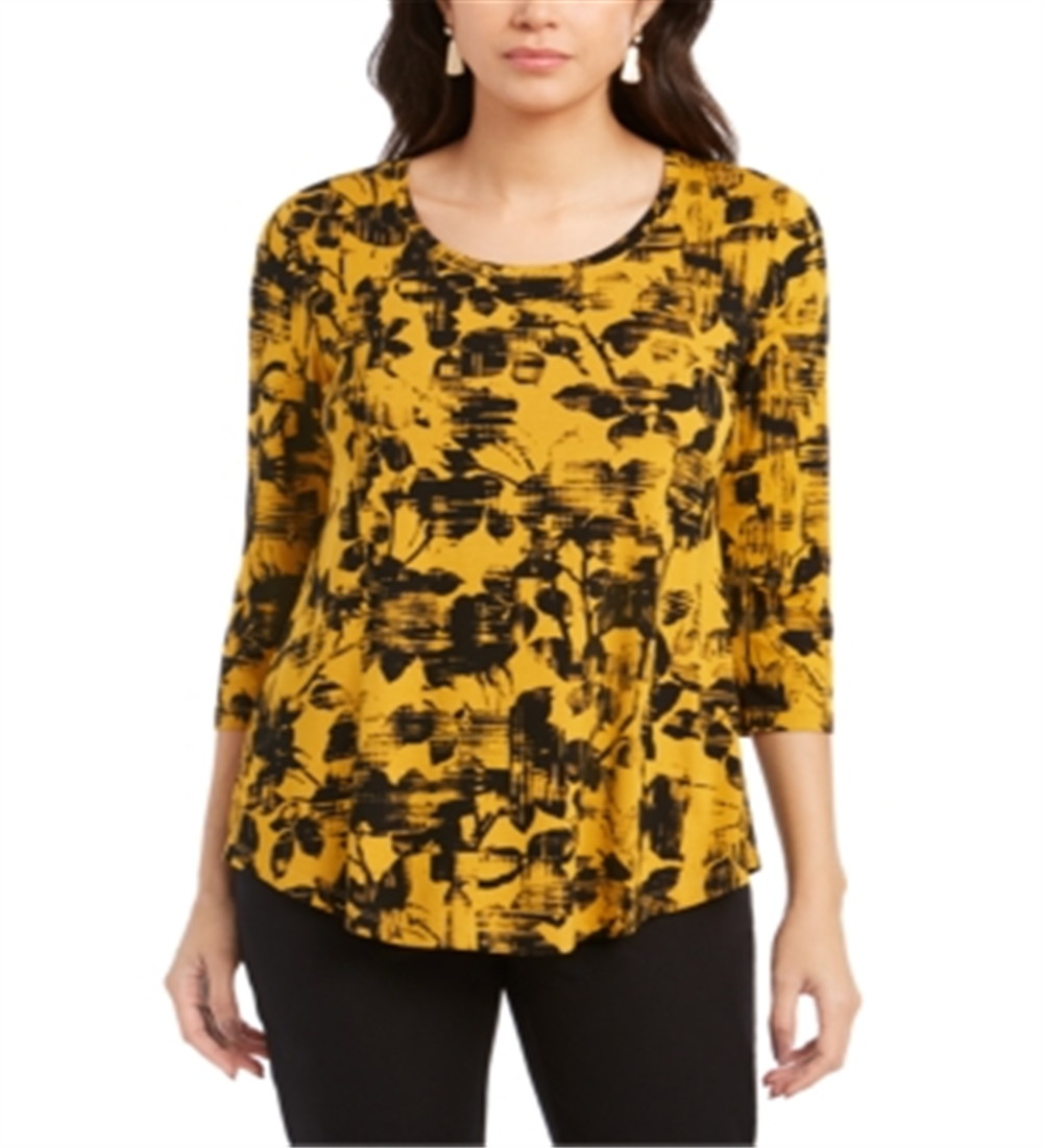 JM Collection Women's Printed Scoop Neck Top Yellow Size Large