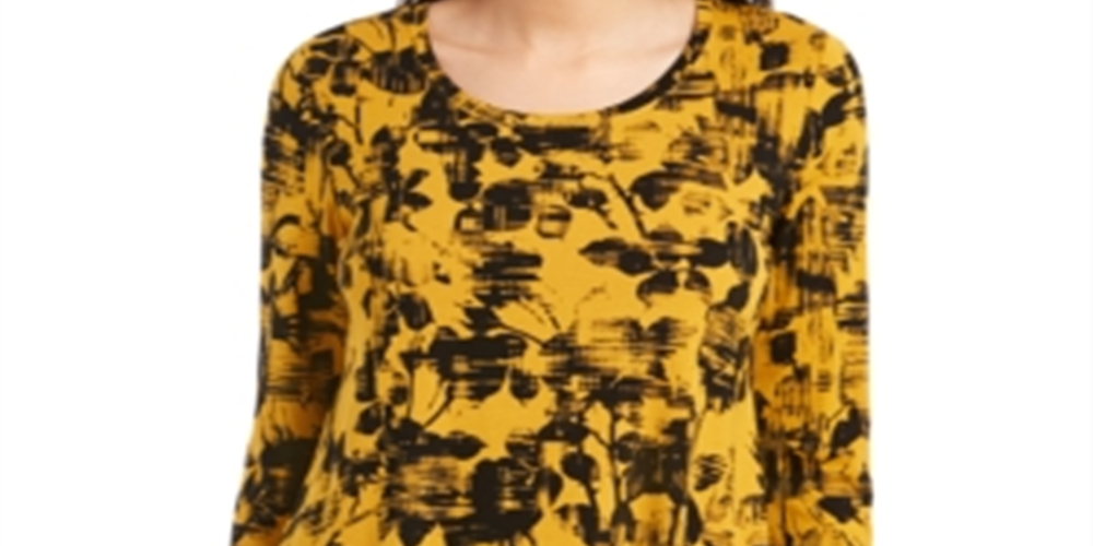 JM Collection Women's Printed Scoop Neck Top Yellow Size Large