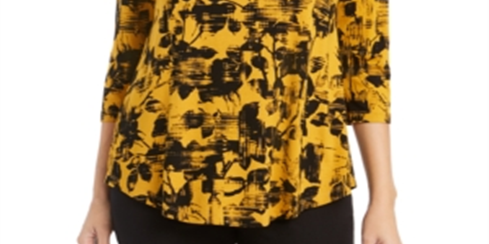 JM Collection Women's Printed Scoop Neck Top Yellow Size Large