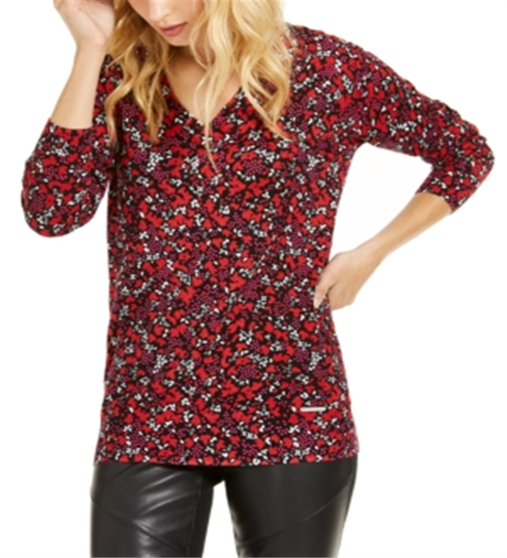 Michael Kors Women's Woodland Leaf Printed Top Red Size Petite