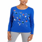 Karen Scott Women's Embellished Cotton Top Blue Size Small