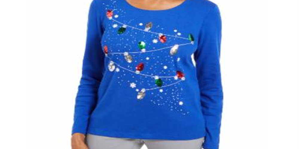 Karen Scott Women's Embellished Cotton Top Blue Size Small