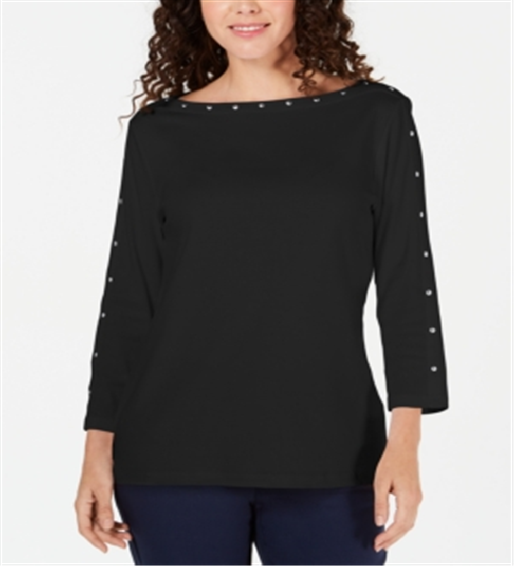 Karen Scott Women's Studded Boat Neck Cotton Top Black Size Petite Medium