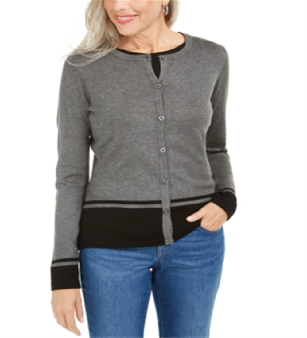 Karen Scott Women's Colorblocked Hem Cardigan Charcoal Size Petite S
