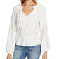 1.STATE Women's Knit Soft Smocked Trim Ruffle V Neck Top White Size X-Small