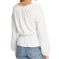 1.STATE Women's Knit Soft Smocked Trim Ruffle V Neck Top White Size X-Small