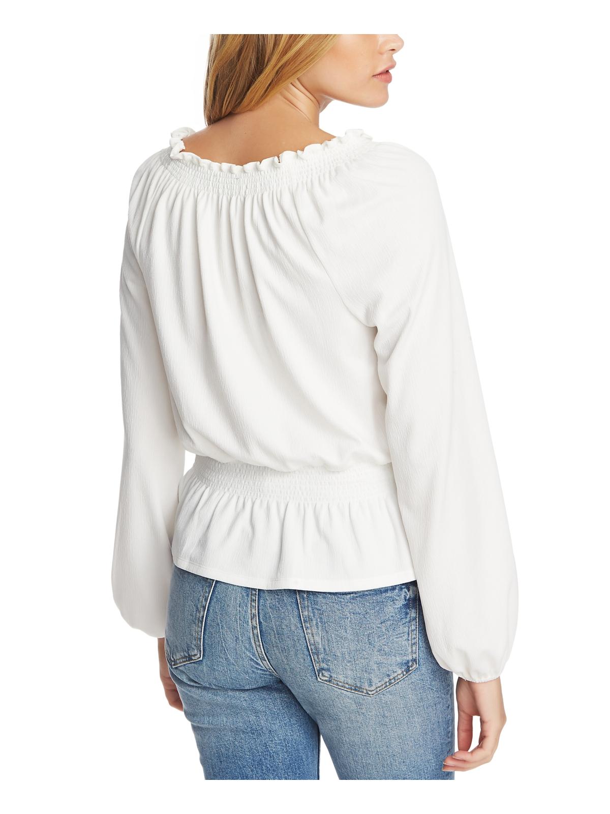 1.STATE Women's Knit Soft Smocked Trim Ruffle V Neck Top White Size X-Small
