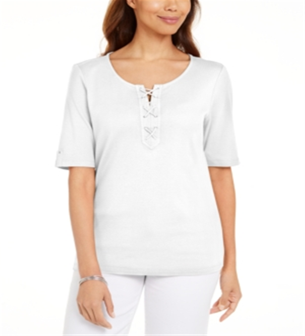 Karen Scott Women's Cotton Lace up Elbow Sleeve Top White Size Medium