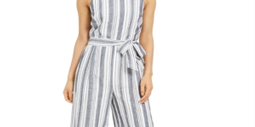 Charter Club Women's Striped Belted Jumpsuit Blue Size 12