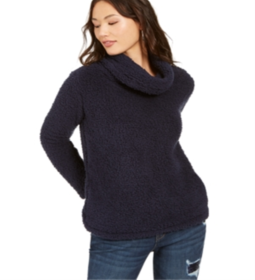 Style & Co Women's Faux-Sherpa Cowlneck Sweater Navy  Size Petite S