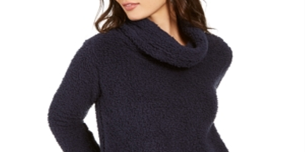 Style & Co Women's Faux-Sherpa Cowlneck Sweater Navy  Size Petite S