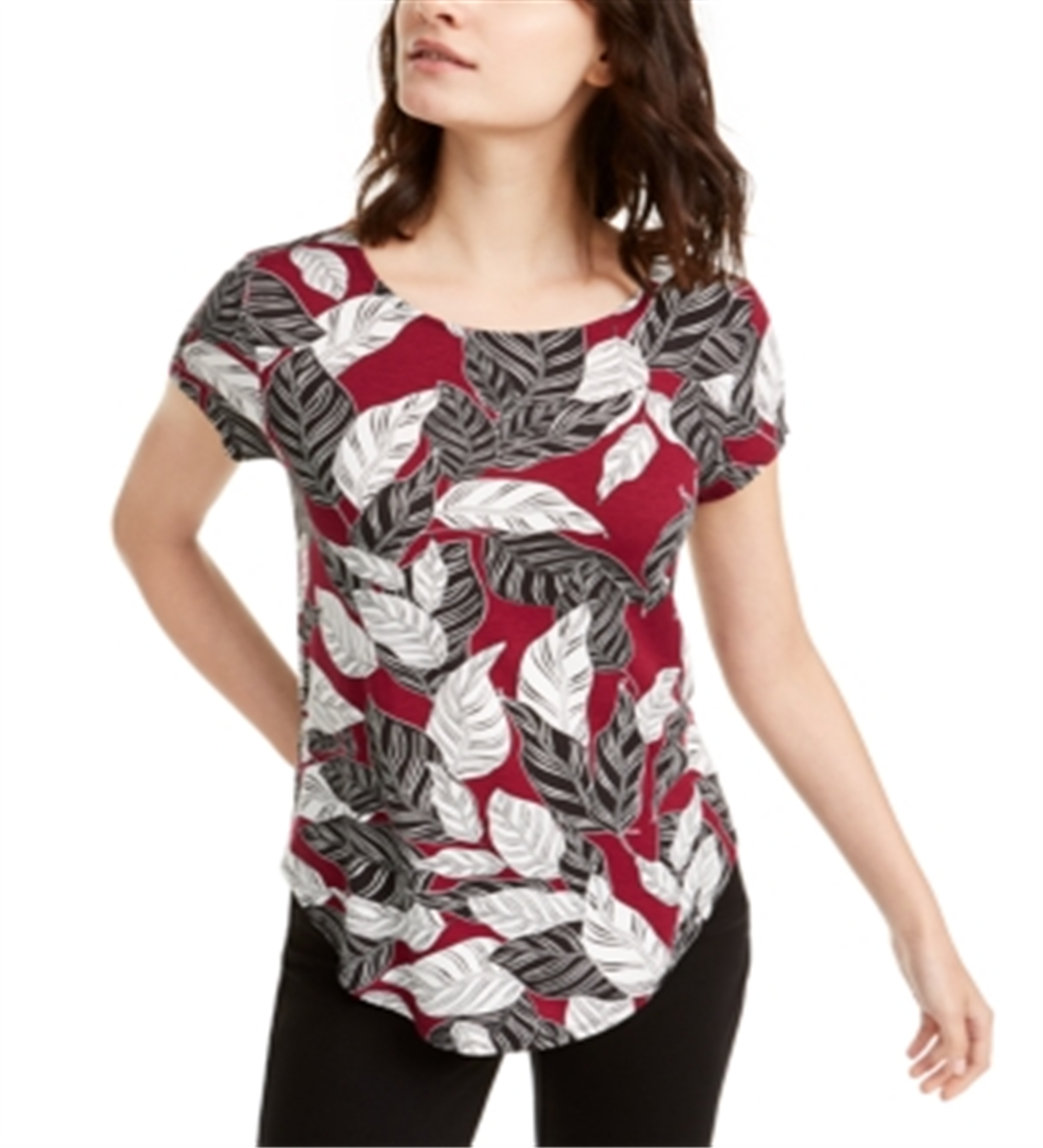 Alfani Women's Printed T-Shirt Wine- White Leaf Size Small