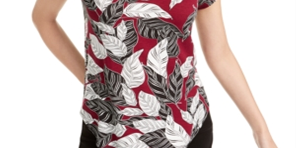 Alfani Women's Printed T-Shirt Wine- White Leaf Size Small
