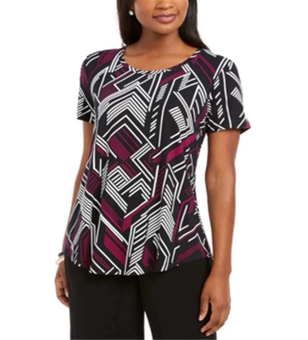 JM Collection Women's Scoop Neck Damask Top Black Size Small