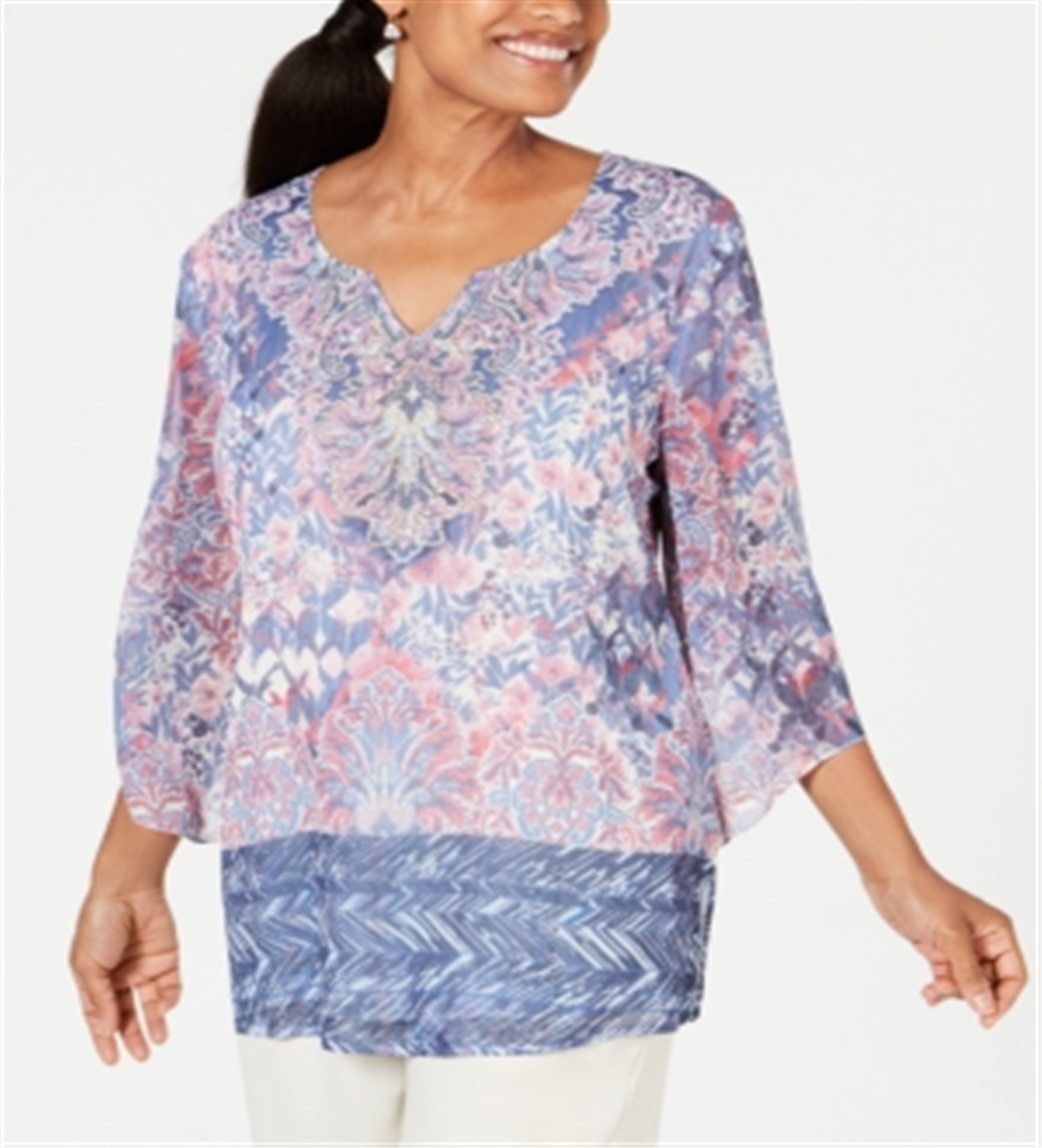 JM Collection Women's Embellished Angel Sleeve Top Blue Size Small