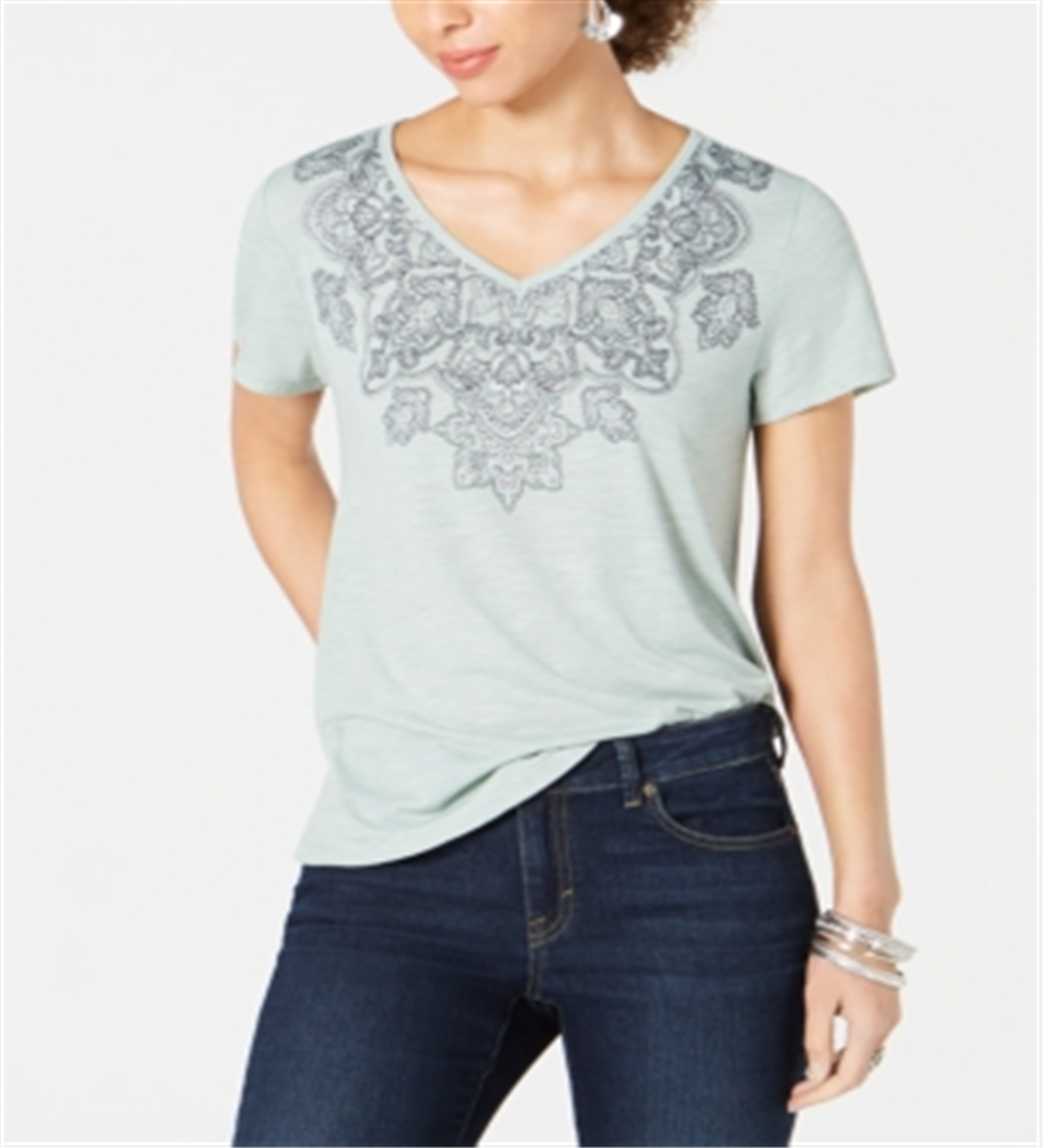 Style & Co Women's Printed V Neck T-Shirt Green Size Small