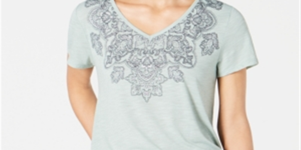 Style & Co Women's Printed V Neck T-Shirt Green Size Small
