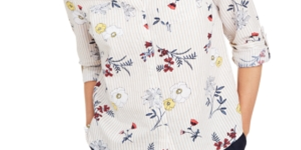 Charter Club Women's Floral Print Button Down Linen Shirt White Combo Size Small