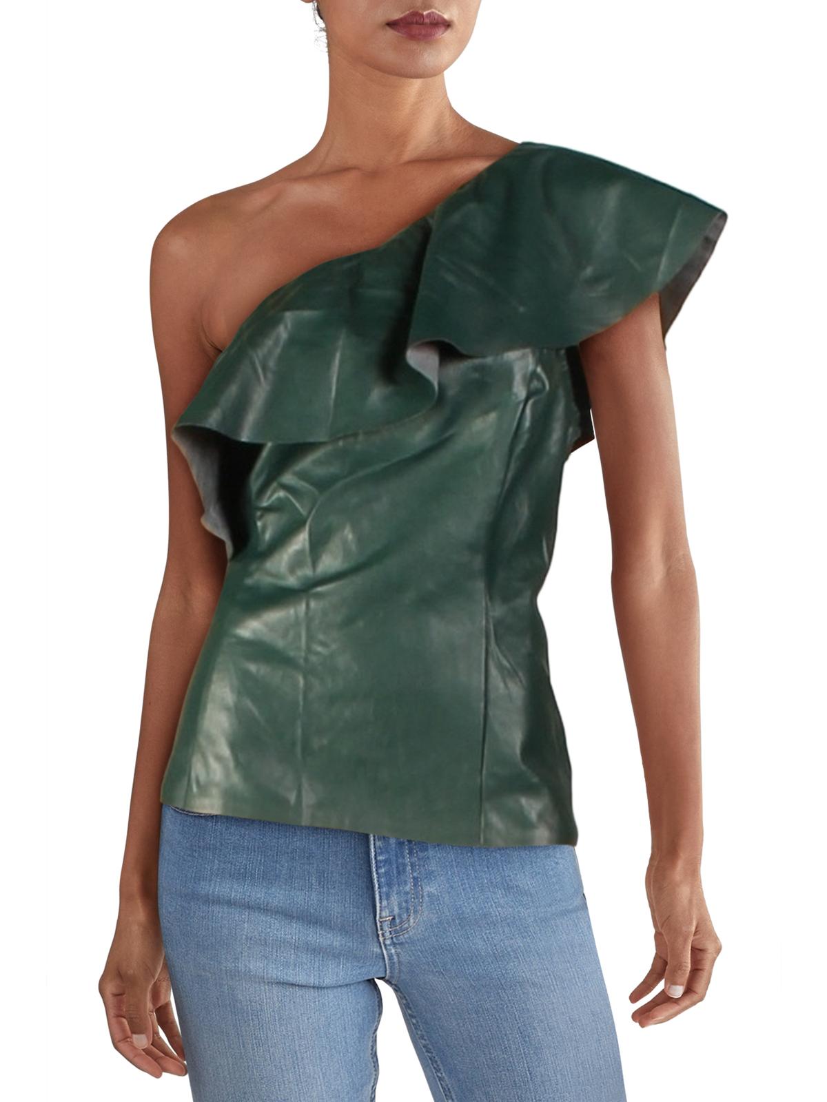 INC International Concepts Women's Faux Leather One Shoulder Blouse Green Size Large