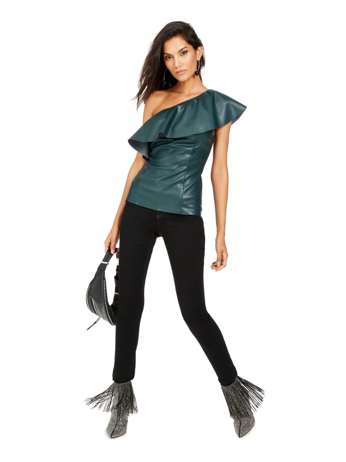 INC International Concepts Women's Faux Leather One Shoulder Blouse Green Size Large