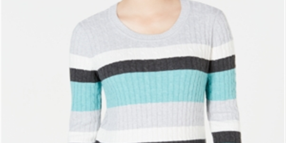 Karen Scott Women's Veronica Striped Cotton Cable Sweater Blue Size X-Small