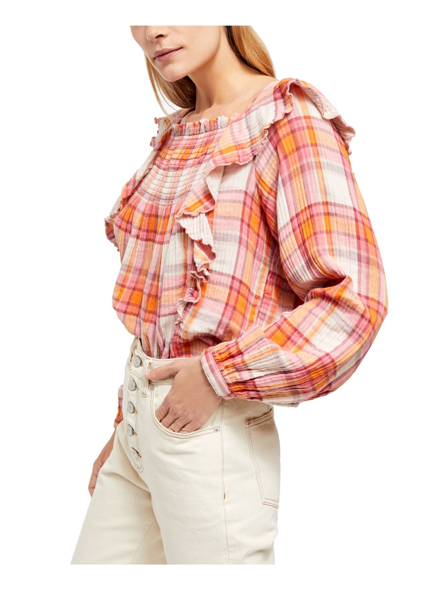 Free People Women's Siena Plaid Square Neck Top Brown Size X-Small