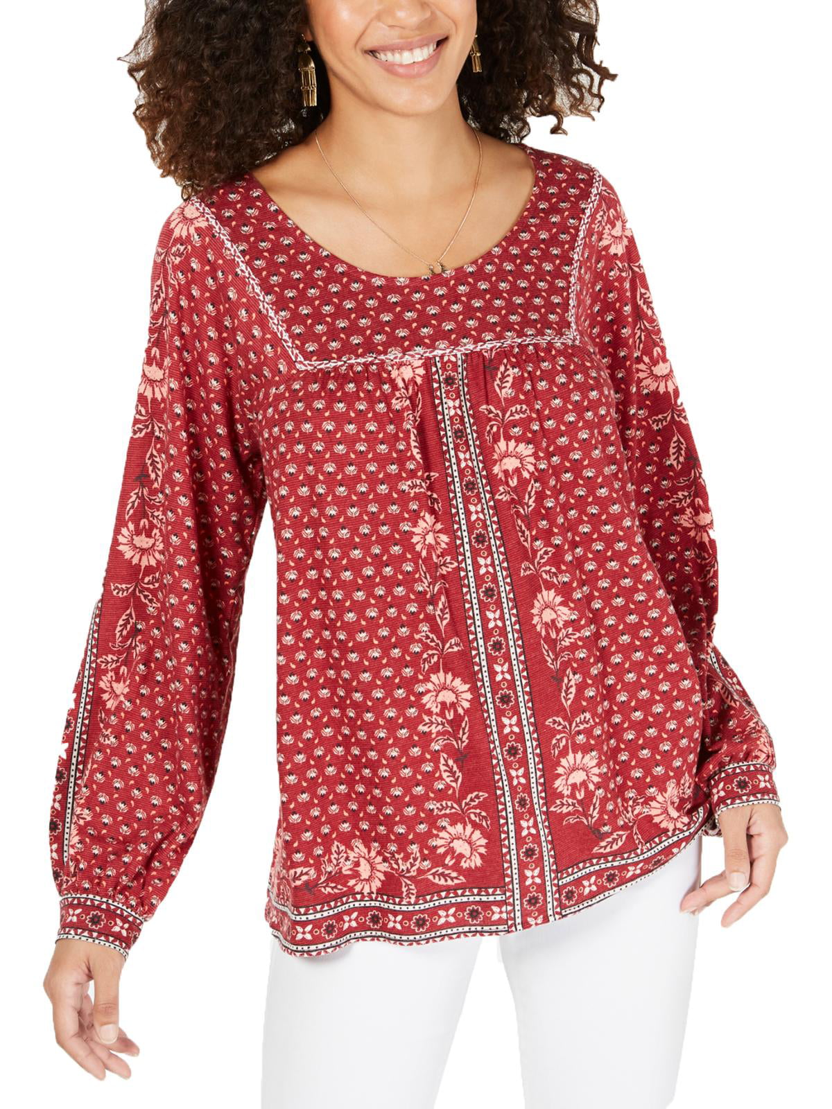Style & Co Women's Printed Peasant Top Red Size Petite S