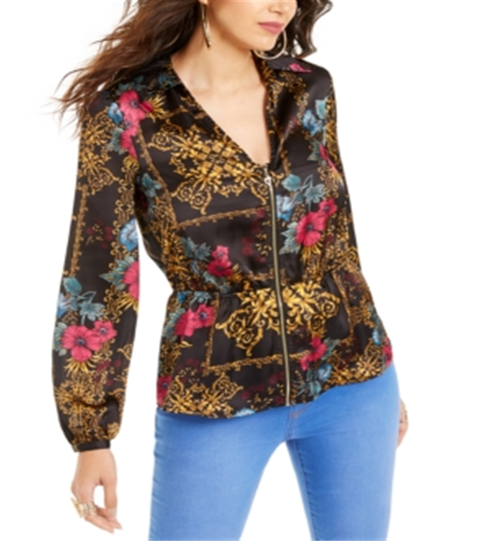 Thalia Sodi Women's Printed Zip Peplum Top Black Size L