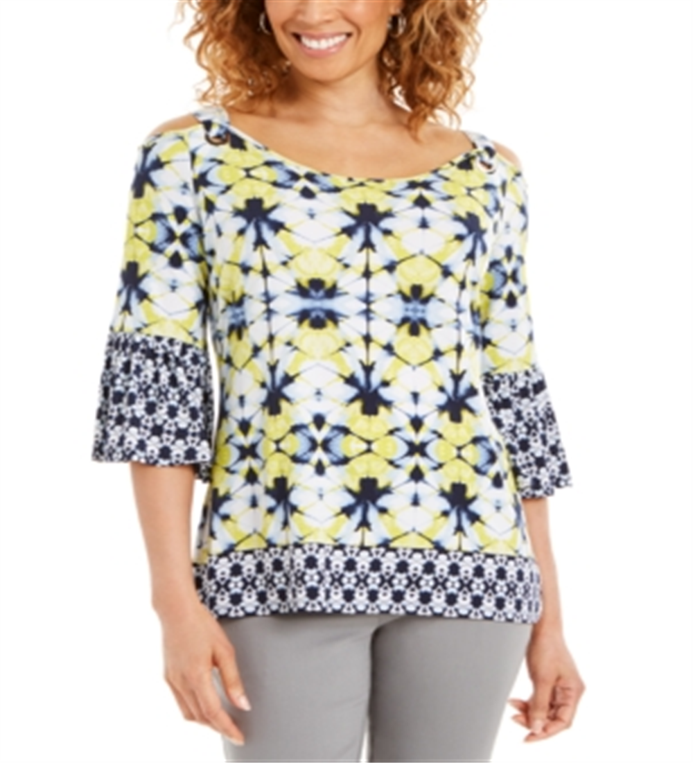 जे. एम. कलेक्शन महिलाओं के लिए प्रिंटेड ग्रोमेट कोल्ड शोल्डर टॉप नीला XX-लार्ज आकार