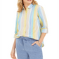 Charter Club Women's Beach Stripe Linen Blend Shirt White Size Large