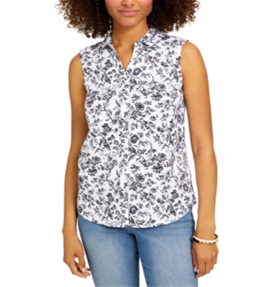 Charter Club Women's Toile Print Sleeveless Shirt White/Black Size 10