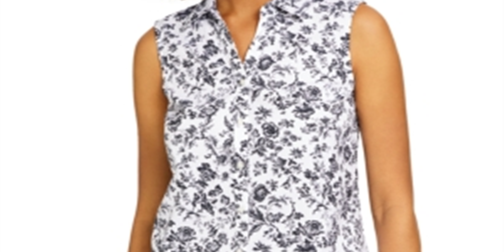 Charter Club Women's Toile Print Sleeveless Shirt White/Black Size 10