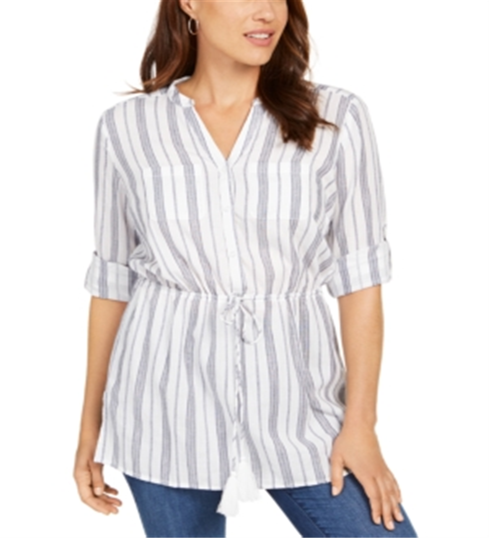 Charter Club Women's Striped Tie Waist Cotton Top White Size Small