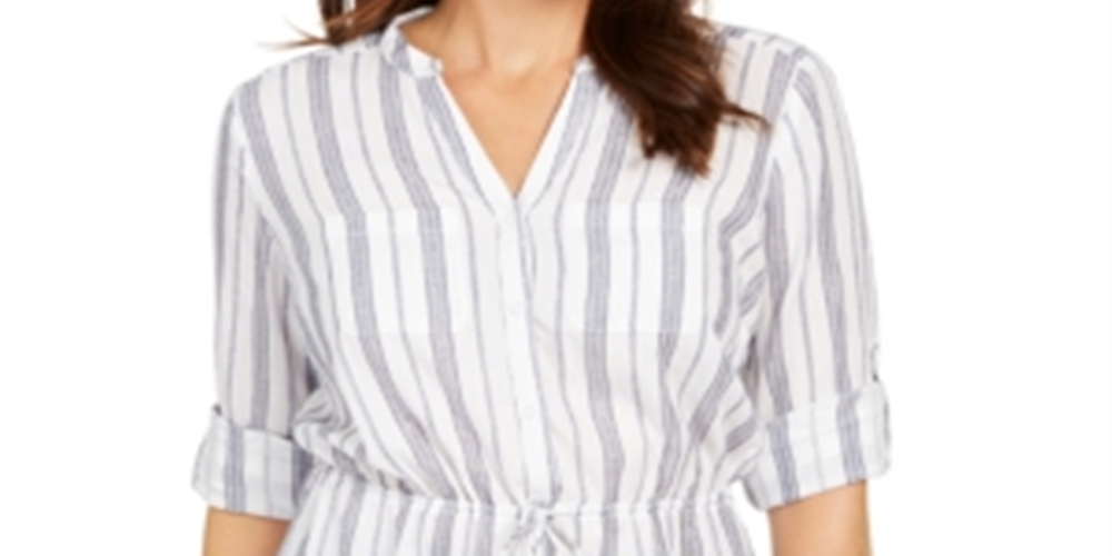 Charter Club Women's Striped Tie Waist Cotton Top White Size Small