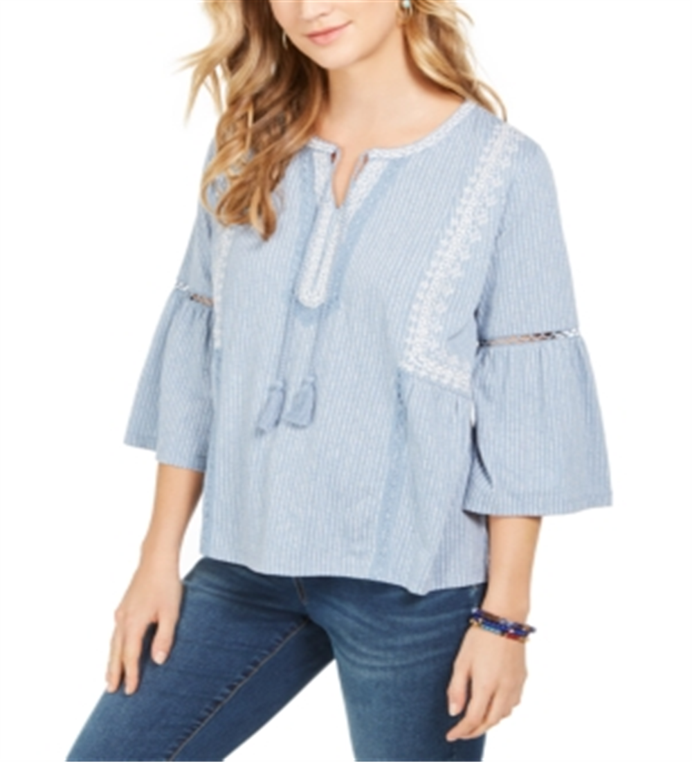Style & Co Women's Printed Peasant Top Blue Size X-Small